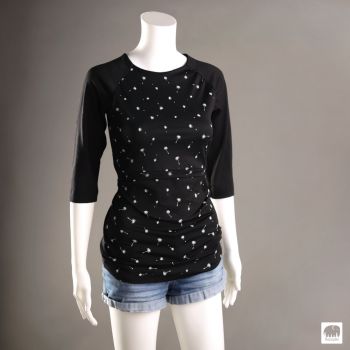 Bio Merinowolle Raglan-Stillshirt mit 3/4 Arm, Gr. 36 Farbe: schwarz mit Siebdruck Pusteblumen in cremeweiss