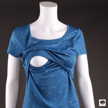 Bio Merinowolle Stillshirt kurzarm Farbe azurblau , tiefer Ausschnitt, Siebdruck türkise Pusteblumen