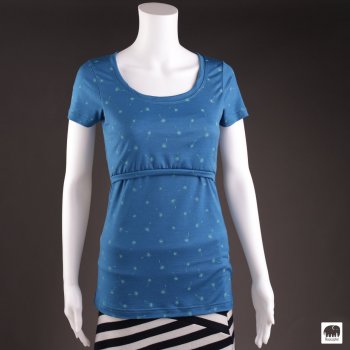 Bio Merinowolle Stillshirt kurzarm Farbe azurblau , tiefer Ausschnitt, Siebdruck türkise Pusteblumen