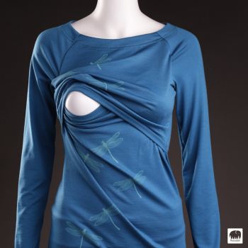 Bio Merinowolle Stillshirt langarm Gr. 36, Farbe: azurblaul, U-Boot Ausschnitt, Siebdruck Libellen in türkis