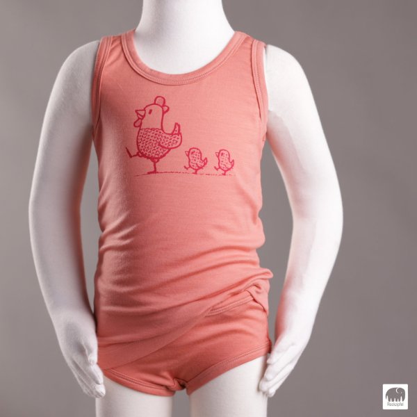 Bio Merinowolle Unterwäsche-Set für Mädchen Gr. 104 Puppe Gr. 104,  coral mit Siebdruck Hühner